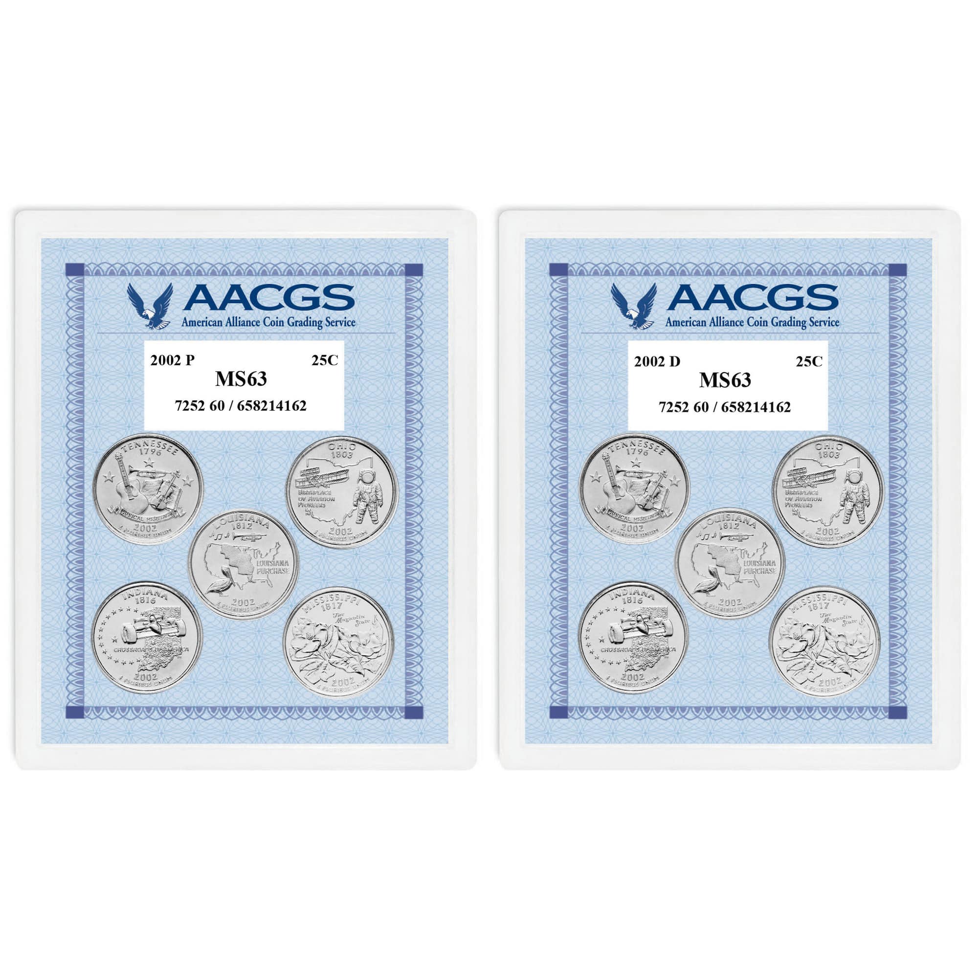 2002P & 2002D Statehood Quarters Graded MS63 Brilliant Uncirculated